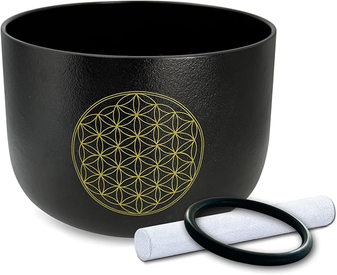 6" B Note Flower of Life Black Crystal Singing Bowl Frosted Quartz Crown Chakra Meditation Sound Healing Suede Striker O-ring - Bloomnest