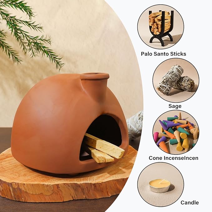 Large Handmade Terracotta Palo Santo Holder - Chiminea Incense Dish with Chimney, Cone Burner for Sage, Ideal for Meditation, Zen, Yoga, Spa | Aromatherapy, Mindfulness, Altar Decor Gift MOUGIGI