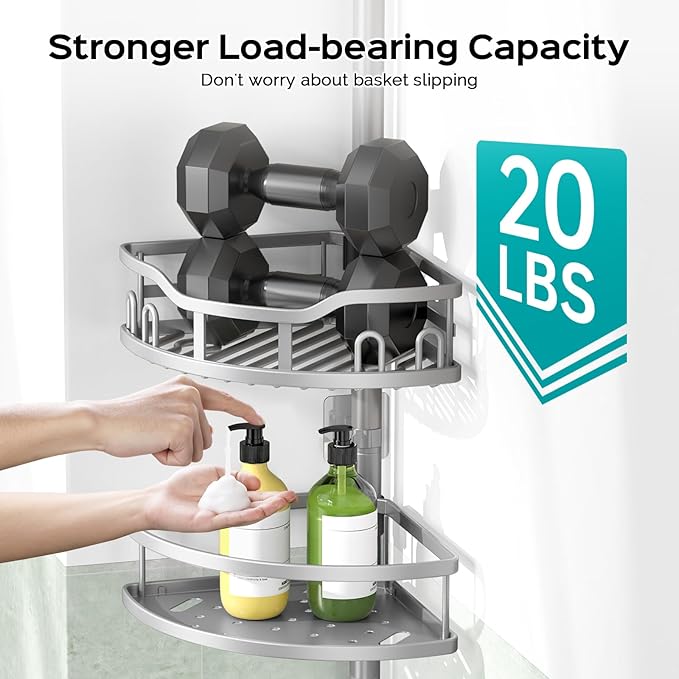 HAMITOR Corner Shower Caddy Tension Pole: Rustproof 4-Tier Bathroom Organizer Shelves for Bathtub Shampoo Storage - 47-121 Inch Quick Install Adjustable Rod Standing Rack with Soap Rack - Silver Gray | Rustproof, Quick Install, Adjustable Rod, Soap Rack - Bloomnest