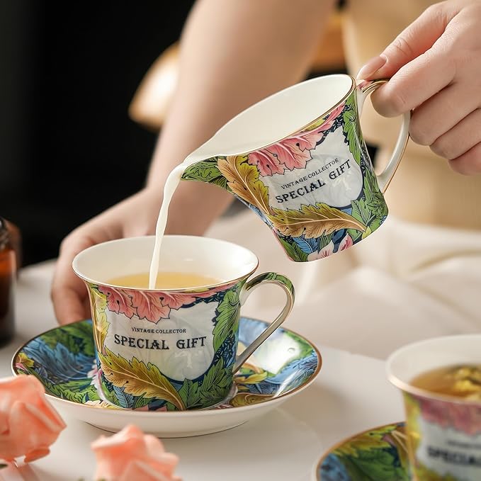 ACMLIFE Tea Cup and Saucer Set for 1, Vintage Floral Bone China Tea Cup Set with Saucer 24K Gold, Porcelain Tea Cup with Spoon and Gift Box, 6.8 oz (Green) - Bloomnest
