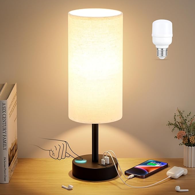 Dicoool Beige Touch Lamp for Bedroom with USB - 3 Way Dimmable Table Lamp for Nightstand, Small Lamp with Black Charging Station for Desk Dorm, Office, Nursery - Bloomnest