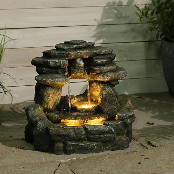 15.6''H Small Rock Water Fountain Outdoor&Indoor, 3-Tier Garden Waterfall with Warm Lights and 2 Flows for Patio, Backyard, Deck, Porch, Home DéCor, Stone Gray - Bloomnest