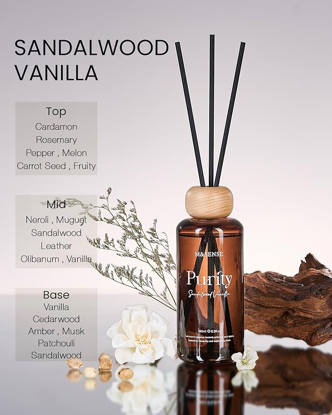M&SENSE Reed Diffuser Set, Sandalwood Vanilla Scented 6.3 fl oz Natural Essential Oil Diffusers with Sticks, Non-Toxic Organic Air Freshener, Long-Lasting Fragrance Oils for Bedroom Gifts for Women MSENSE