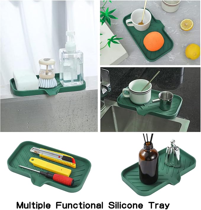 Silicone Bathroom Soap Dishes with Drain Spout-Bathroom and Kitchen Sink Organizer,Sponge Holder,Dish Soap Tray,Perfect for Dispenser,Scrubber,Bottle,Cup on Sink or Counter-Green 9.6"×5.3" - Bloomnest