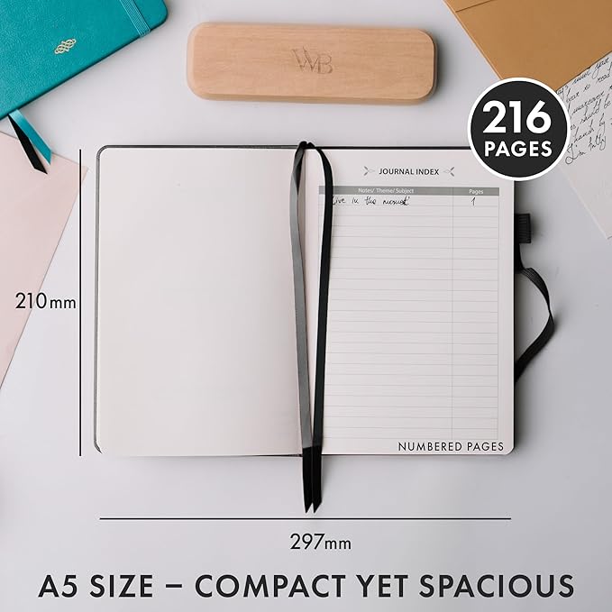 Wordsworth & Black A5 Lined Journal 216 Lined Pages, Hardcover Leather, 120 GSM Paper, Journaling Notebook for Work & Sketching, Journals for Women, Men - Gifts Box Included Black - Bloomnest