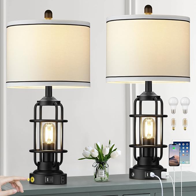 Modern Table Lamps, Industrial 3-Way Dimmable Bedside Lamp with USB A+C Ports & AC Outlet, Touch Control Rustic Nightstand Lamp LED Night Light for Living Room Bedroom Decor Home(4 Bulbs Included) - Bloomnest