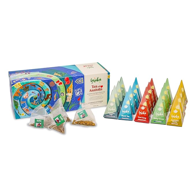 Lazika Tea Variety Pack with Lovely Presentation Box, Black, Green and Herbal Tea Sampler Gift Set, 20 Counts, Premium Collection with Pyramid Infuser Bag, Handcrafted - Bloomnest