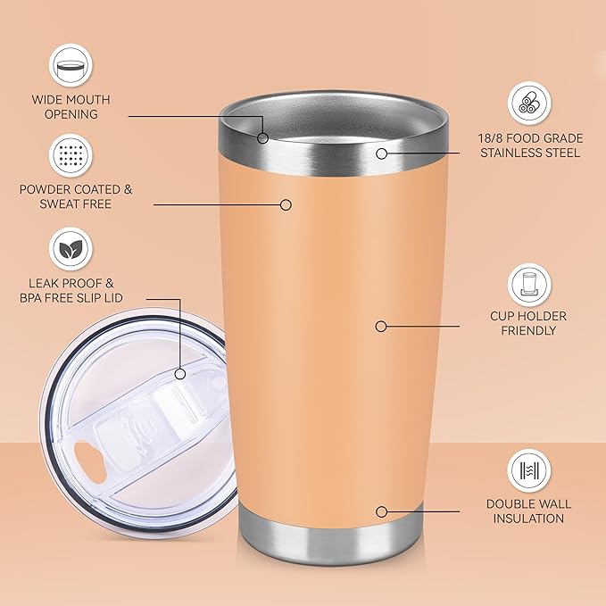 20 oz Tumbler Stainless Steel Tumblers Bulk with Lid Double Wall Insulated Coffee Tumbler Cups for Hot & Cold Drinks Powder Coated Travel Coffee Tumbler Mug Metal (Cream Orange, 6 pack)