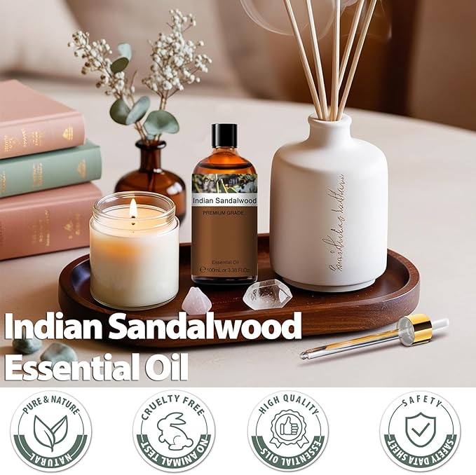 PHATOIL Indian Sandalwood Essential Oil, Pure Premium Natural Oil for Hair Care, Body Skin Care, Aromatherapy, DIY Candle, Soap Making 3.38Fl Oz - Bloomnest