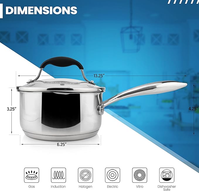 AVACRAFT Multipurpose Sauce Pan/Pot, Stainless Steel with Glass Strainer Lid, Two Side Spouts for Easy Pour with Ergonomic Handle (5-Ply Capsule Bottom, 1.5 Quart) - Bloomnest