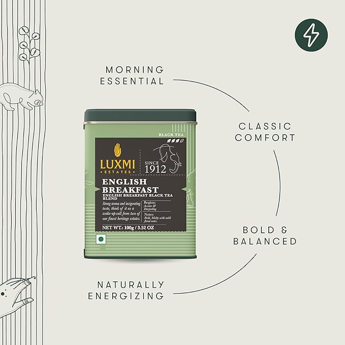 Luxmi Estates - Tale of Two Estates - Organic English Breakfast Tea - Loose Leaf - 100g (50 Cups) | Made with Organic Darjeeling & Assam Tea from India | Smooth, Flavorful, Robust and Caffeinated - Bloomnest