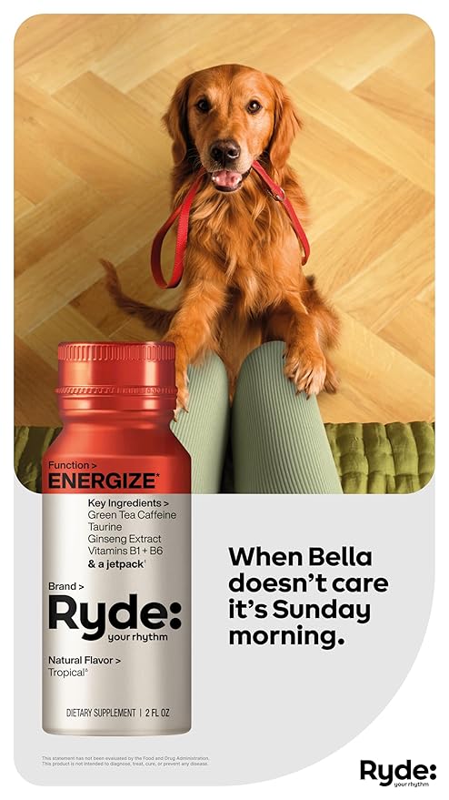 Ryde: Energize Shot | Tropical Flavor | Green Tea Caffeine, Taurine, Ginseng Extract & B Vitamins | 0 Calories, 0 Sugar | 2 FL OZ Shots | Boosts energy* (24 Pack) - Bloomnest