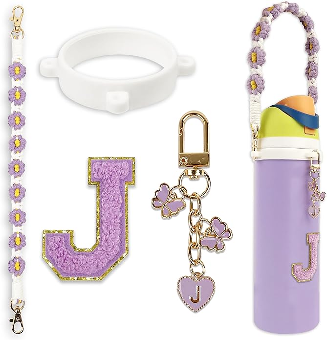 Compatible with Owala Water Bottle Accessories, Cute Letter Charm Set with Boho Handle Strap, Monogram Sticker, Silicone Ring, Keychain Decoration, for FreeSip 24 32 40oz, Owala Kids, Tumbler Gift SITKOL