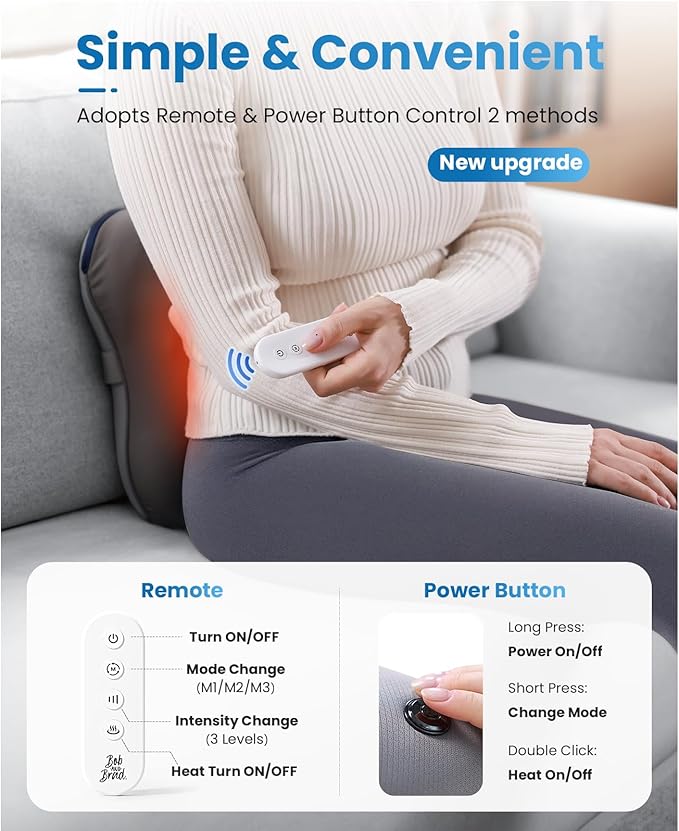 BOB AND BRAD Back Massager with Heat and Remote, EZBack Plus Corded Neck Massager for Pain Relief Deep Tissue, Shiatsu Massage Pillow with 3 Level for Full Body, FSA Eligible Ideal Gifts for Women - Bloomnest