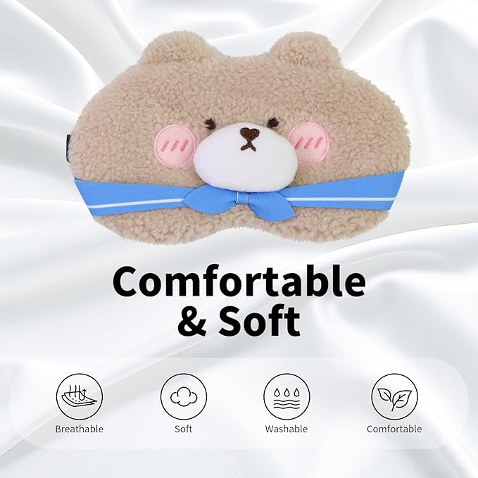 Cute Sleep Eye Masks for Kids, Kawaii Cartoon Kids Sleeping Mask for Women Boys Girls Teens, Soft Plush Adjustable Eyeshade Silk Travel Nap Eye Cover, Blue Bear - Bloomnest