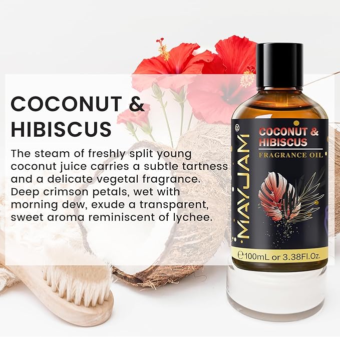 Coconut & Hibiscus Fragrance Oil Essential Oil, MAYJAM 3.38FL.OZ Coconut & Hibiscus Oil for Diffusers for Home, Long Lasting Scented Oils for Soap Candle Making - 100ML MAYJAM