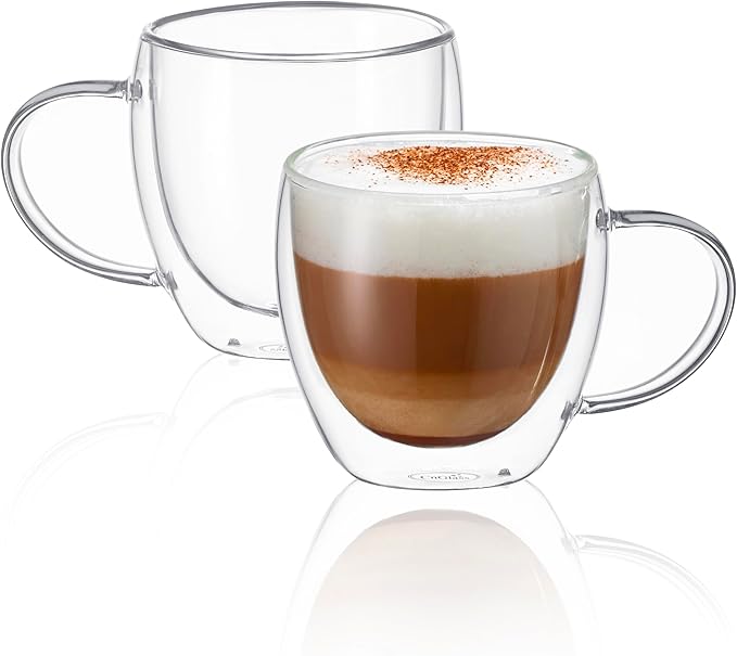 CNGLASS Double Wall Glass Coffee Mugs with Handle,8.5oz Clear Insulated Glass Espresso Cups for Hot and Cold Beverages,Latte,Cappuccino,Set of 2 - Bloomnest