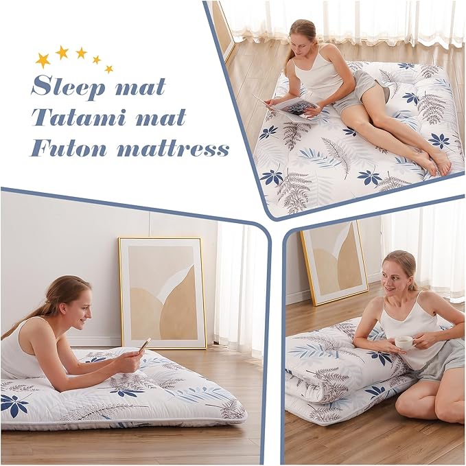 Japanese Floor Mattress, Futon Mattress with Portable Storage Bag and Washable Cover, Roll Up Thick Tatami Mat Suitable for Camping, Guest Room, White Leaf, Twin - Bloomnest
