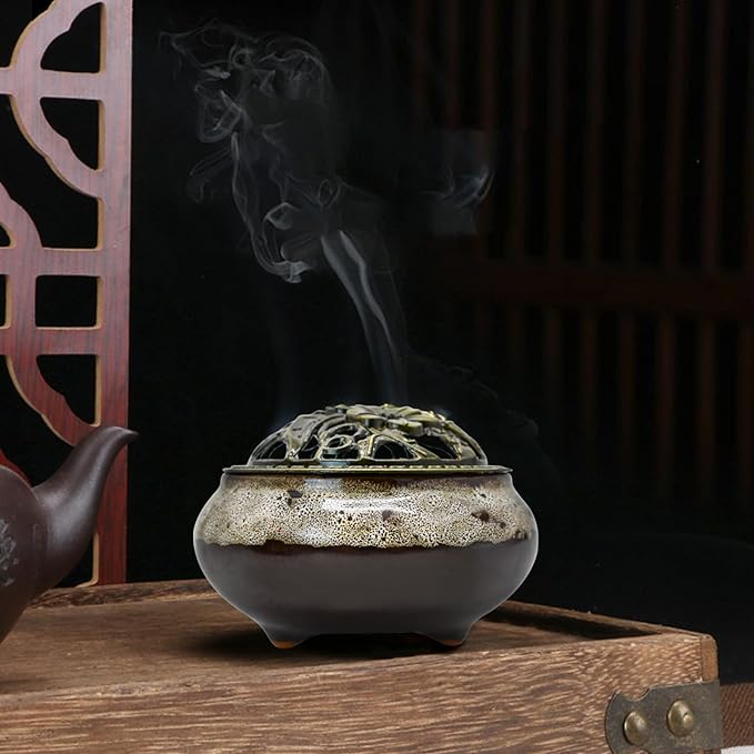 MrMrKura Ceramic Incense Burner with Lid, Incense Holder for Sticks Incense Cone Holder with Brass Incense Stick Holder for Yoga Meditation Home Decor (Fambe Grey) - Bloomnest