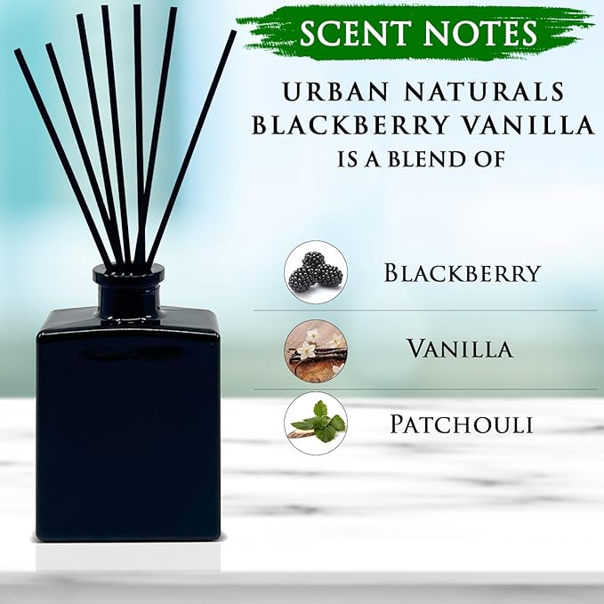 Urban Naturals BlackBerry Vanilla Reed Diffuser Set – Ripe Blackberries, Warm Vanilla & Patchouli – 5 Ounce Sleek Black Rectangular Refillable Glass Bottle – Made in the USA UrbanNaturals