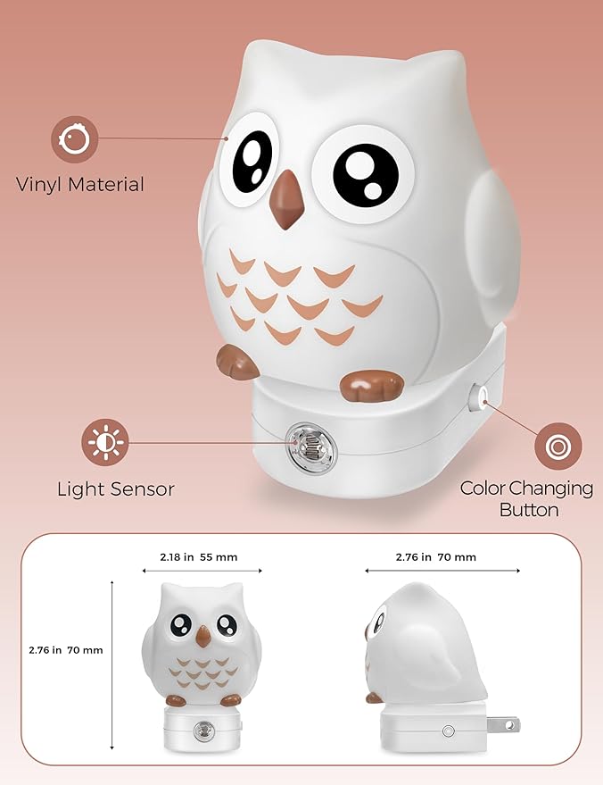 L LOHAS LED Owl Night Light for Kids, 3D Owl Night Light Plug in Wall, Dusk to Dawn Sensor, 8-Color Changing+Soft White 3000K, 3 Lighting Modes, Nursery Night Lights, Children, Room Decor - Bloomnest