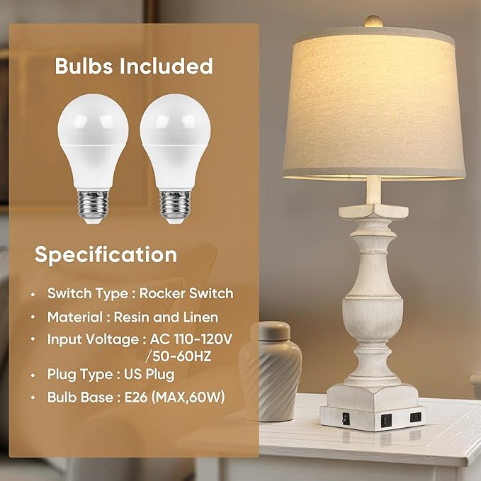28'' Washed White Table Lamp for Bedroom Nightstand, Vintage Bedside Lamp with USB A+C Port, Farmhouse Desk Lamp with Linen Shade Set of 2, Traditional Nightstand Lamp, Rocker Switch,Bulb Included - Bloomnest