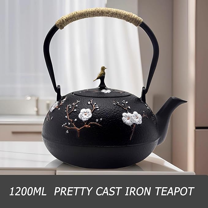 Cast Iron Kettle Teapot, Japanese Style Tetsubin, Cast Iron Tea Kettle with Stainless Steel Infuser for Loose Tea, Internal Enamel Iron Tea Pots for Stovetop Safe(40.2oz/1200ml) - Bloomnest