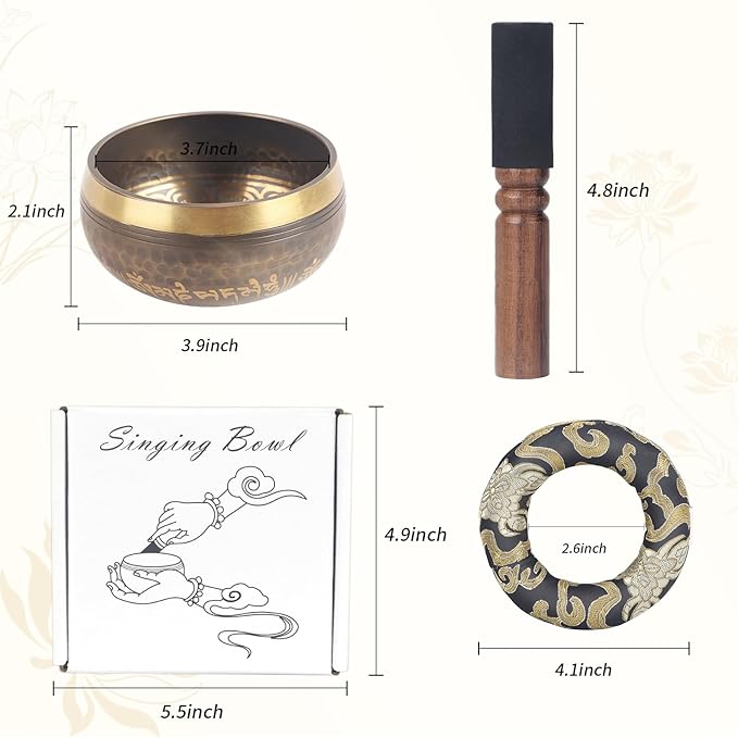 Kmise Tibetan Singing Bowls Set- Handmade in Nepal Meditation Sound Bowls for Yoga, Meditation, Mindfulness, Healing and Chakra Balancing, Stress Relief (4', Brown) - Bloomnest