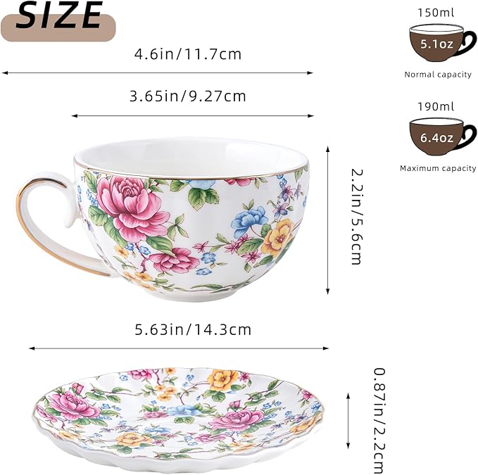 Ceramic Tea Cup and Saucers, 6.4oz Floral Tea Cups, Coffee Cappuccino Espresso Latte Mugs for Party Birthday,Christmas Gift (Flowers and green leaves) - Bloomnest