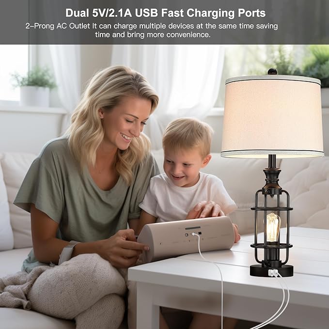 26.3”Table Lamps Set of 2 with USB Charging Ports,Farmhouse Bedside Nightstand Lamp with Rotary Switch,Rustic Reading Lamps Industrial Desk Lamps for Bedroom Living Room,Bulbs Included - Bloomnest