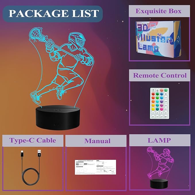 Lacrosse Night Light, Lacrosse Gifts for Boy, 3D Illusion Lamp with Remote Control, 16 Colors Changing, Timer, RGB Flashing Mode and Dimmable, Field Lacrosse Gifts for Men Christmas Decor - Bloomnest