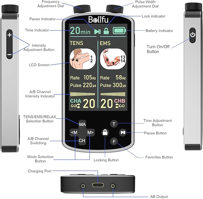 TENS EMS Unit Muscle Stimulator for Pain Relief Therapy - 4 in 1 TENS & EMS & Relax & Custom Frequency + Pulse - Muscle Massager 36 Modes 20 Intensity, Memory & Favorites Function with 600mAh Battery - Bloomnest