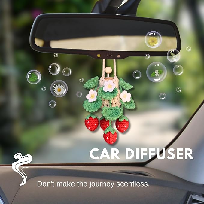 Handmade Crochet Hanging Car Air Freshener - Cute Strawberry Plant Design, 12ml Refillable Thick Glass Bottle, Car Diffuser for Rearview Mirror, Home & Office Decor - Bloomnest