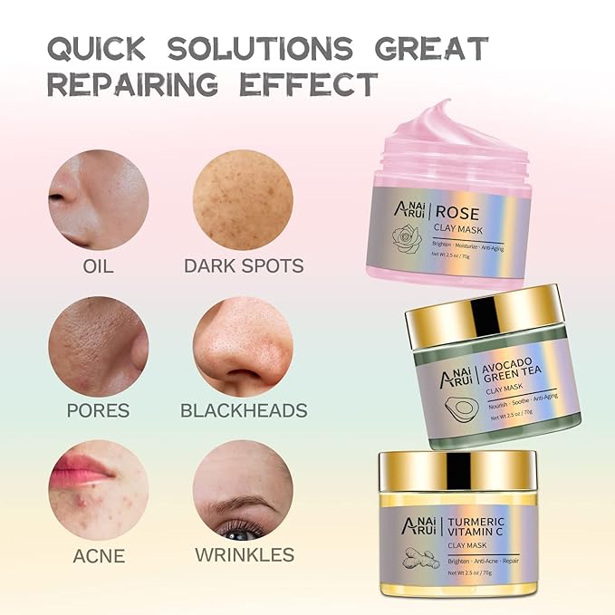 ANAI RUI 3 Pack Clay Mask Set Turmeric Vitamin C Clay Mask -Rose Facial Mask -Avocado Green Tea Mud Mask Smoothing, Hydration & Glow,Spa Gift Set, Valentines Day Gifts for Women/her 2.5 oz Each