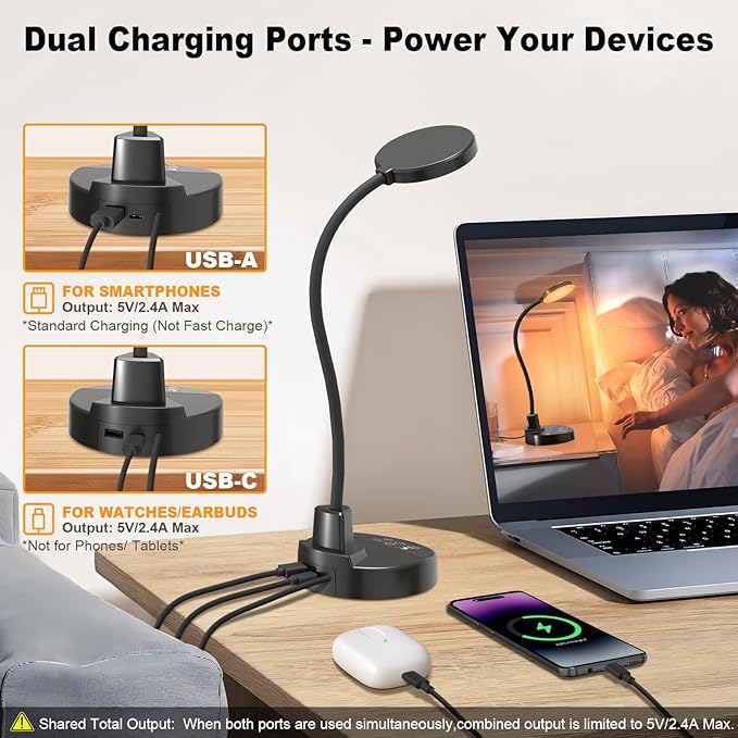 15W LED Desk Lamp with USB Charging Ports – Dimmable Table Lamp with 3 Color Temps, 5 Brightness, 4 Timers, Flexible Gooseneck Light with Base, Eye-Caring Reading Light for Home Office, Bedroom, Study - Bloomnest