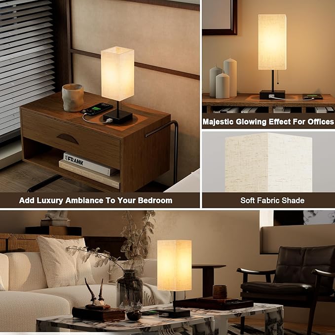 Table Lamp for Bedroom,Nightstand Lamp for Bedside with AC Outlets,Adjustable 3color LED Light Desk Lamp for Home Decor,Included Bulb and Lamp Shade (Linen White-onlyAC, 1PCS) - Bloomnest