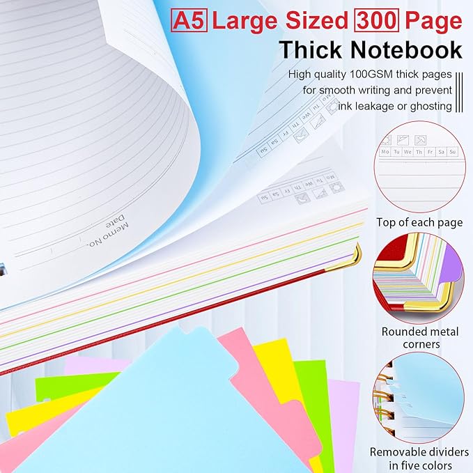 Hardcover Spiral Notebook 6.2"x 8.2" Journal Notebook with Tabs and Removable Dividers 300 Pages 5 Subject Notebook College Ruled, Faux Leather Spiral Bound Notebook for Women School Work(Red) - Bloomnest