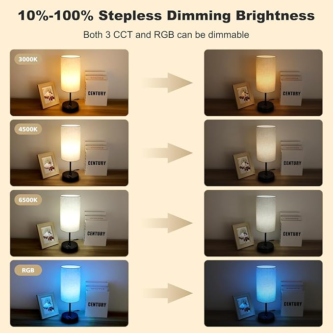 Unicozin Table Lamp, 3 CCT 3000K/4500K/6500K & RGB Color Changing, Stepless Dimmable Small Bedside Lamp for Reading, Ambience Nightstand Light for Home Decor Party, Beige Shade - Bloomnest