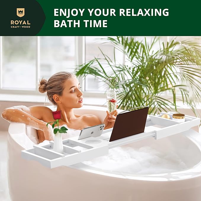 ROYAL CRAFT WOOD Premium Foldable Bathtub Tray - Wood Bath Tray for Tub, Bamboo Shelf, Expandable Bath Table Trays, Bathtub & Bathroom Accessories for New Home & Mothers Day & Birthday Gifts for Mom - Bloomnest