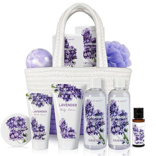 BODY & EARTH Spa Gift Baskets for Women 11pcs Lavender Gift Sets with Bubble Bath, Shower Gel, Body Lotion, Mom Birthday Gifts, Spa Kit, Purple Gift, Valentines Day Gifts for Her