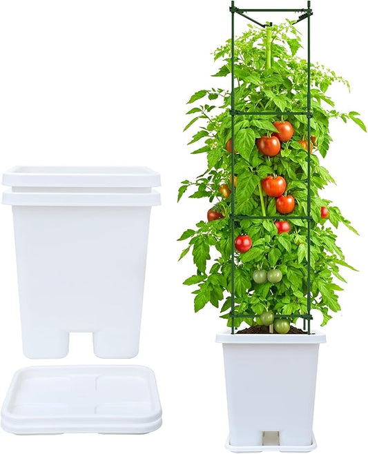 Growing Vegetable Planter Pot 3 Packs, 15 * 14.2 Inches Deep Rectangle Pots for Vegetable Fruit Flower, Large Planters with Trays, for Patio Garden Balcony Home Porch Yard Indoor Outdoor (White) - Bloomnest