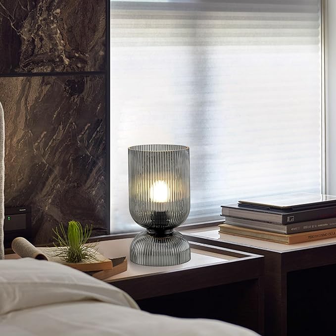 Modern RGB Glass Table Lamp with Remote，Color Changing Bedside Lamp with Ribbed Glass Shade, 16 Colors, On/Off Cord Switch, Nightstand Lamp for Bedroom, Living Room, Office, Bulb Included - Bloomnest