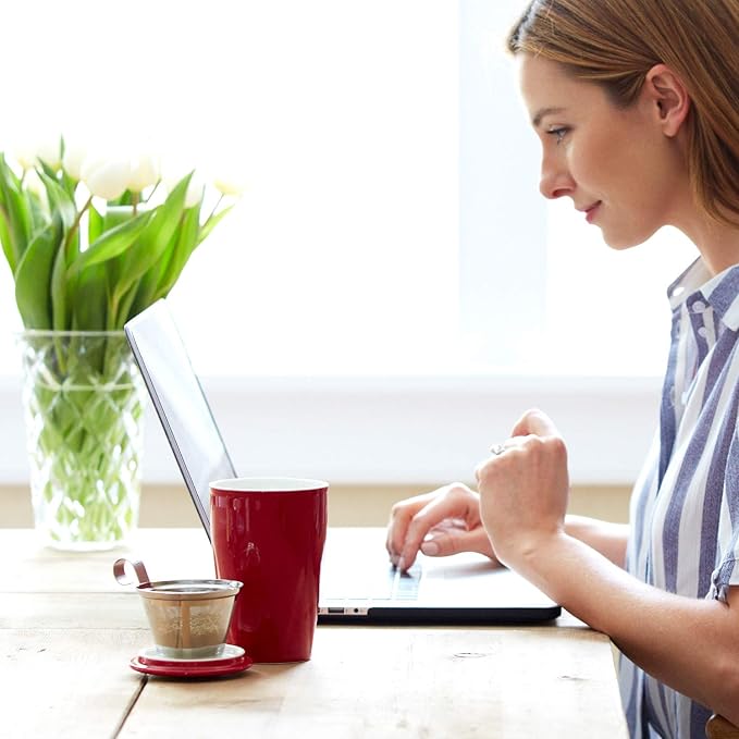 Tea Forte Double-Walled Ceramic Kati Cup, Removable Stainless Steel Infuser Basket and Lid, Steeps 12 oz Loose Leaf Tea, Dishwasher & Microwave Safe, Lotus - Bloomnest