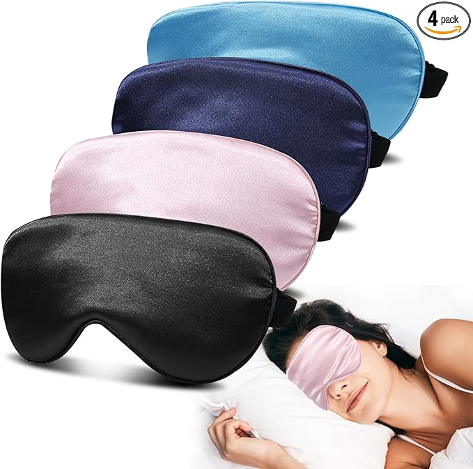 4 Pack Super Soft Silk Sleep Mask - 100% Blackout, Zero Eye Pressure, Blindfold with Adjustable Strap, Travel Eye Covers (Black&Pink&Blue&Light Blue) - Bloomnest