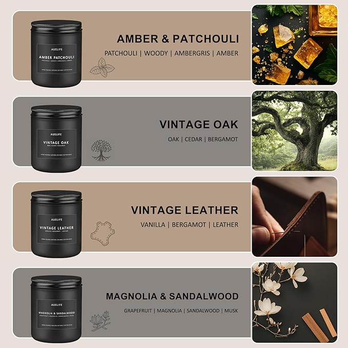 Scented Candles Set | Candle for Men, Soy Candles for Home Scented, Gifts for Men - Mens Gifts, 4 Pack Candle Gift for Dad Fathers Day (Leather/Vintage Oak/Amber Patchouli/Magnolia & Sandalwood) - Bloomnest