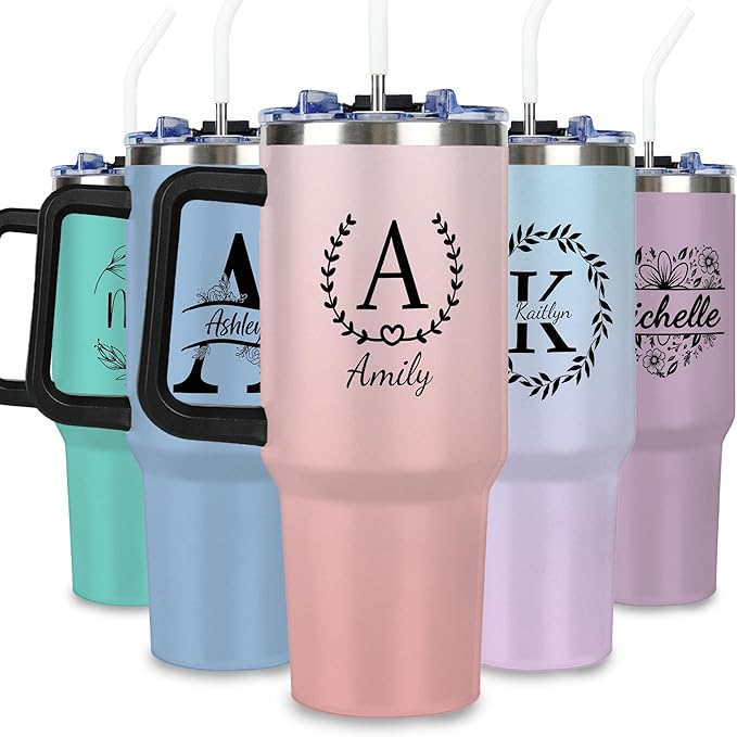 Personalized Tumbler with Handle and Straw Lid, Custom 40 Oz Cup with Name for Women, Customized Stainless Steel Travel Coffee Tumbler, Personalized Gifts for Birthday Christmas Anniversary - Bloomnest