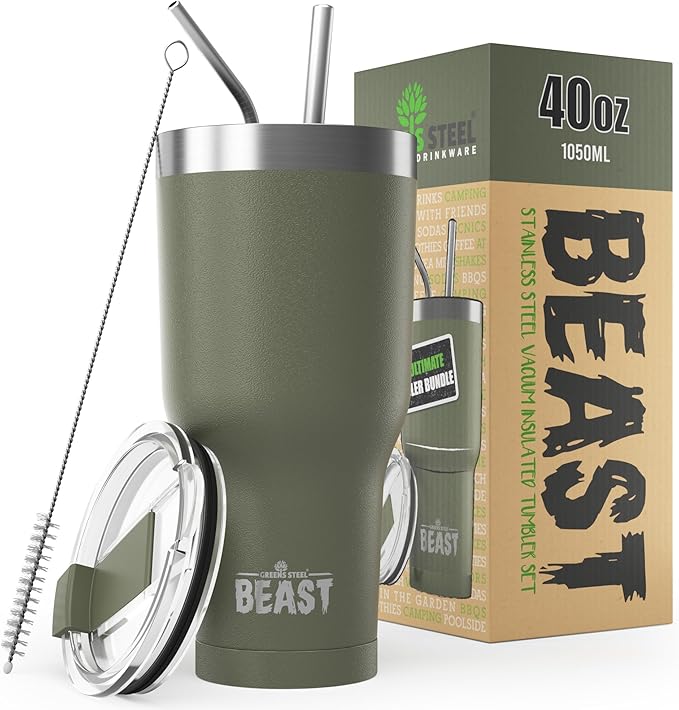 Beast 40 oz Tumbler Stainless Steel Vacuum Insulated Coffee Ice Cup Double Wall Travel Flask (Army Green) - Bloomnest