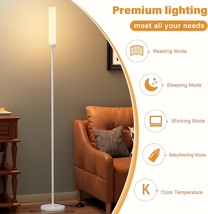 LED Floor Lamp with Remote Control, 65" Standing lamp with Stepless Adjustable 3000K-6500K Colors & 5%-100% Brightness, Foot Switch(White) - Bloomnest