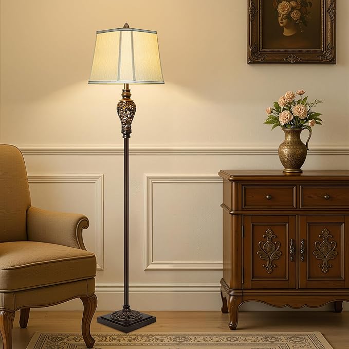 Vintage Floor Lamp with Night Light, 65" Retro Standing Lamp with Brown Finish and Beige Faux Silk Shade, Farmhouse Industrial Design Tall Lamp for Living Room Bedroom Bedside Corner (Bulb Included) - Bloomnest