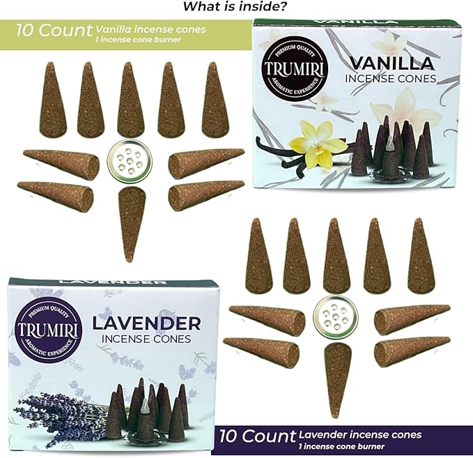 TRUMIRI Incense Cones - Combo Pack of 20 Cone Incense - 10 Vanilla + 10 Lavender TRUMIRI